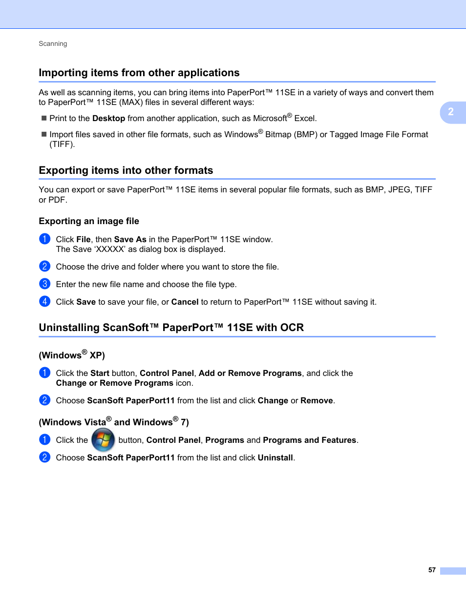 Importing items from other applications, Exporting items into other formats, Exporting an image file | Uninstalling scansoft™ paperport™ 11se with ocr, Windows® xp), Windows vista® and windows® 7), 2importing items from other applications | Brother MFC-9325CW User Manual | Page 65 / 221