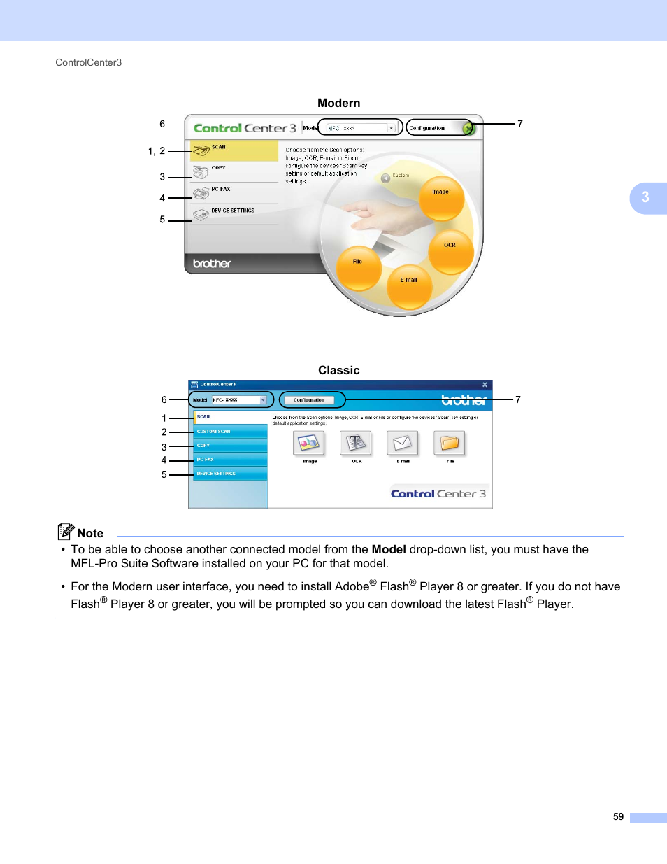 Modern, Classic, Flash | Player 8 or greater. if you do not have flash, Player | Brother MFC-9325CW User Manual | Page 67 / 221