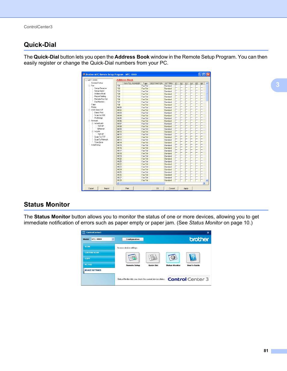 Quick-dial, Status monitor, 3quick-dial | Brother MFC-9325CW User Manual | Page 89 / 221