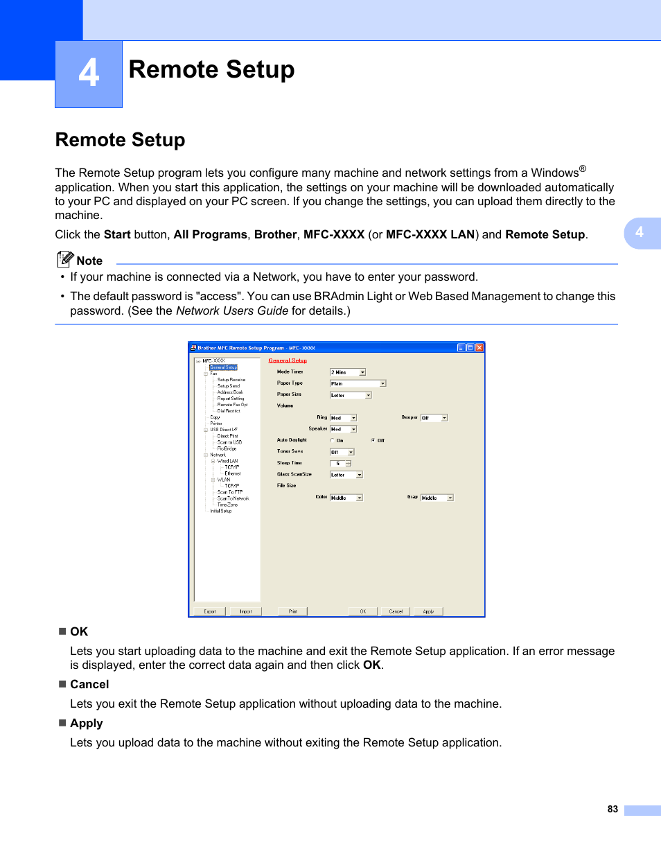 4 remote setup, Remote setup | Brother MFC-9325CW User Manual | Page 91 / 221