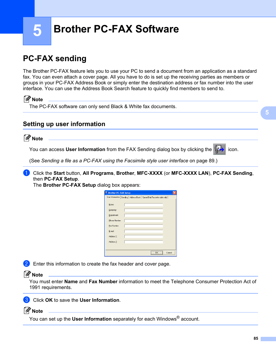 5 brother pc-fax software, Pc-fax sending, Setting up user information | Brother pc-fax software | Brother MFC-9325CW User Manual | Page 93 / 221