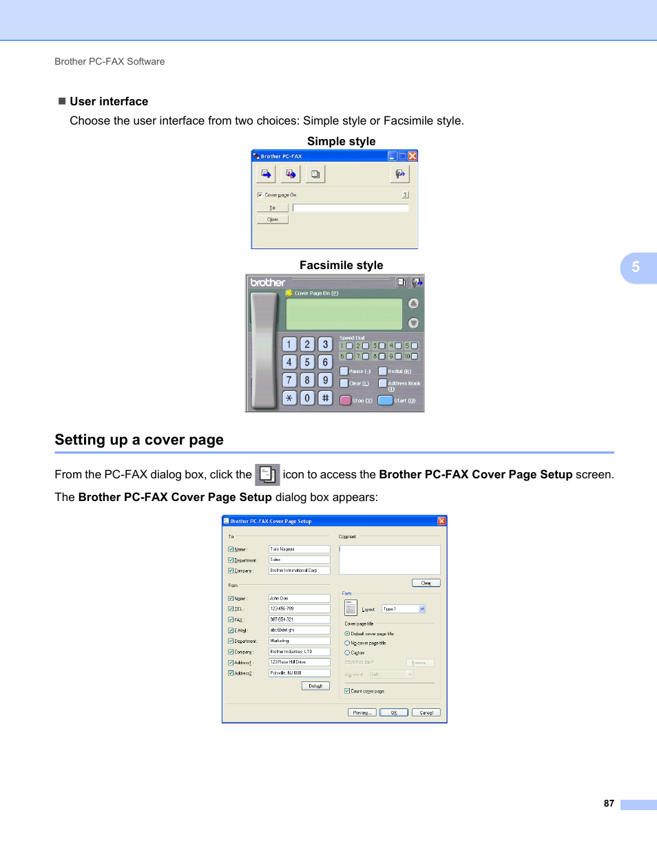 Setting up a cover page, Facsimile style | Brother MFC-9325CW User Manual | Page 95 / 221