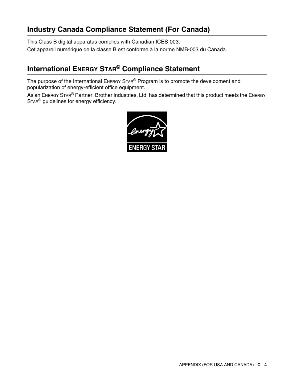 Industry canada compliance statement (for canada), International energy star® compliance statement, International e | Compliance statement | Brother HL-5150D User Manual | Page 139 / 143