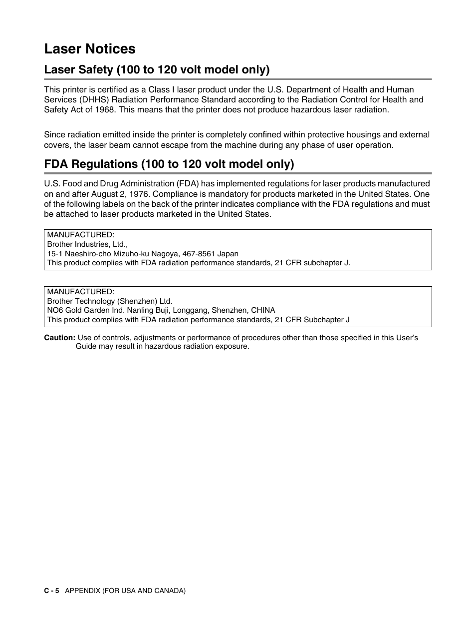 Laser notices, Laser safety (100 to 120 volt model only), Fda regulations (100 to 120 volt model only) | Brother HL-5150D User Manual | Page 140 / 143