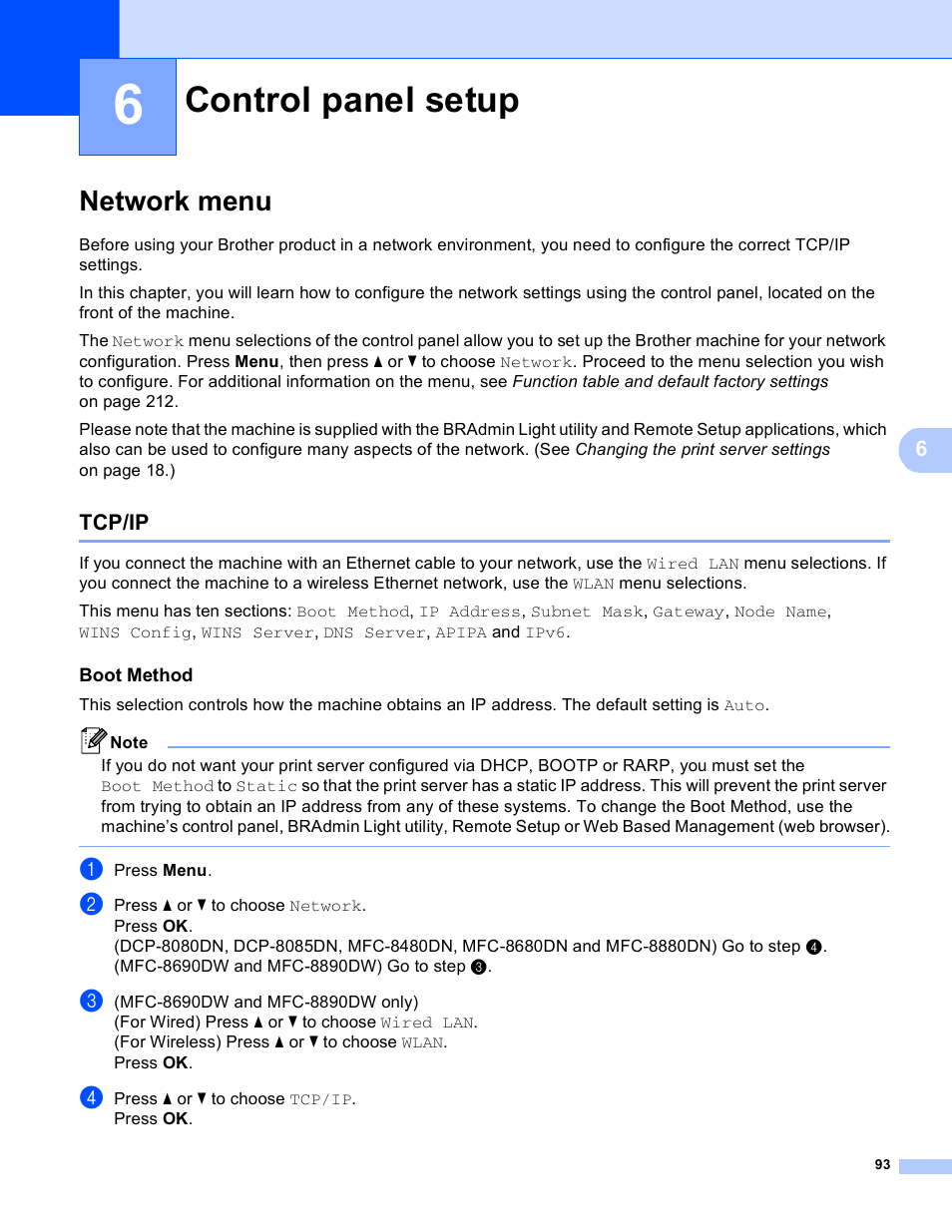 6 control panel setup, Network menu, Tcp/ip | Boot method, Control panel setup | Brother MFC 8480DN User Manual | Page 104 / 249