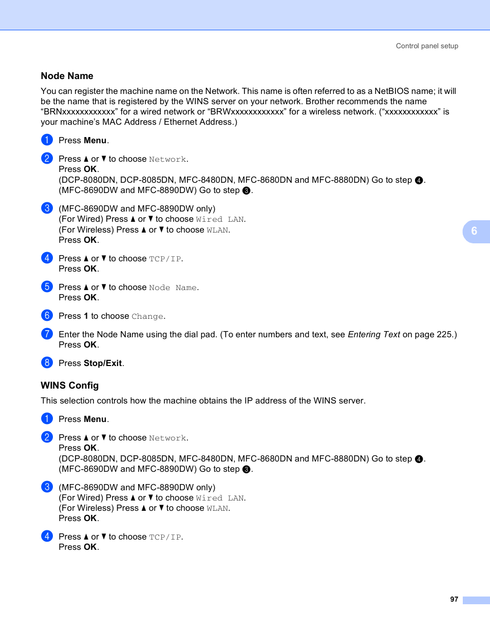 Node name, Wins config | Brother MFC 8480DN User Manual | Page 108 / 249