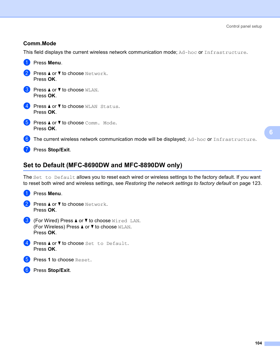 Comm.mode, Set to default (mfc-8690dw and mfc-8890dw only) | Brother MFC 8480DN User Manual | Page 115 / 249