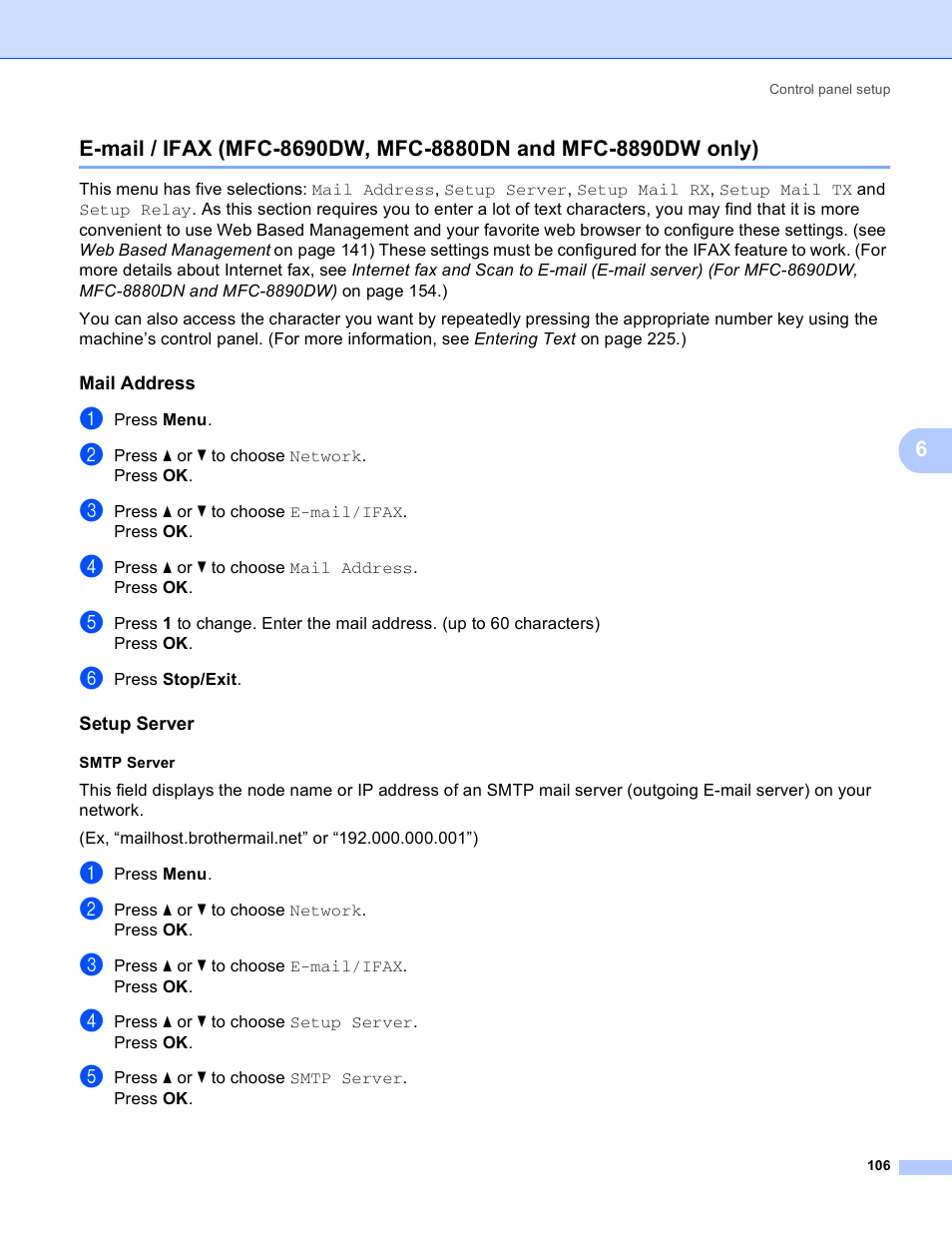Mail address, Setup server, Smtp server | Brother MFC 8480DN User Manual | Page 117 / 249