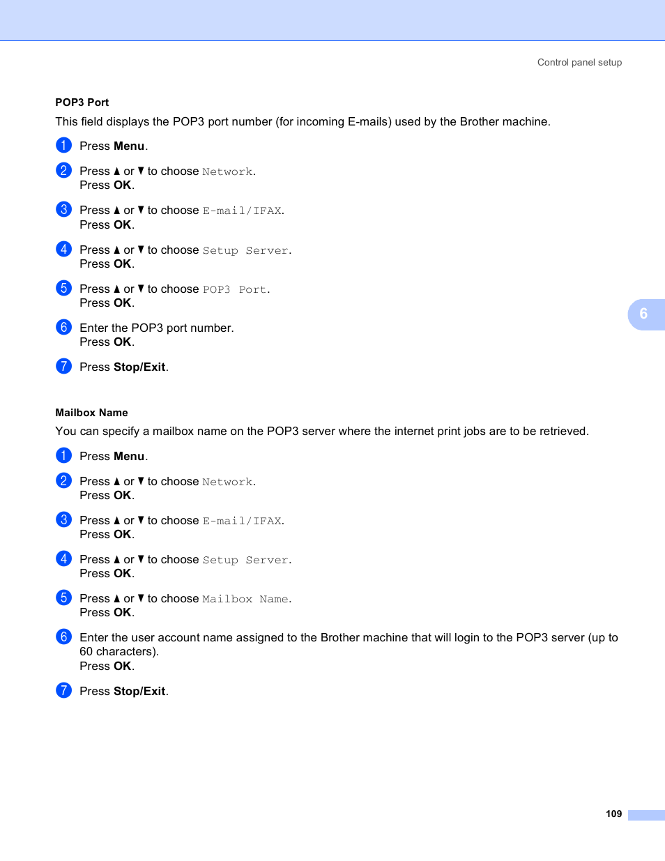 Pop3 port, Mailbox name | Brother MFC 8480DN User Manual | Page 120 / 249