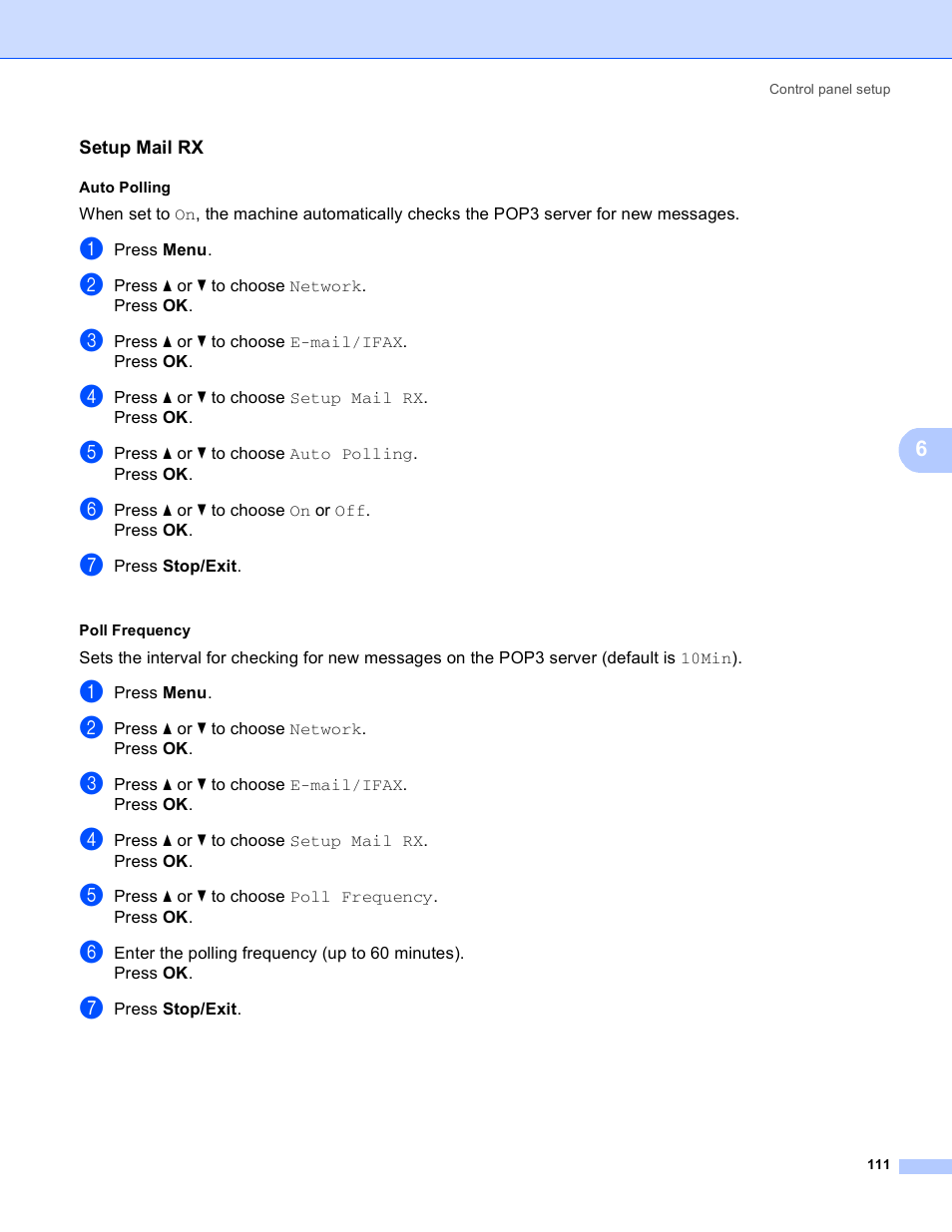 Setup mail rx, Auto polling, Poll frequency | Brother MFC 8480DN User Manual | Page 122 / 249