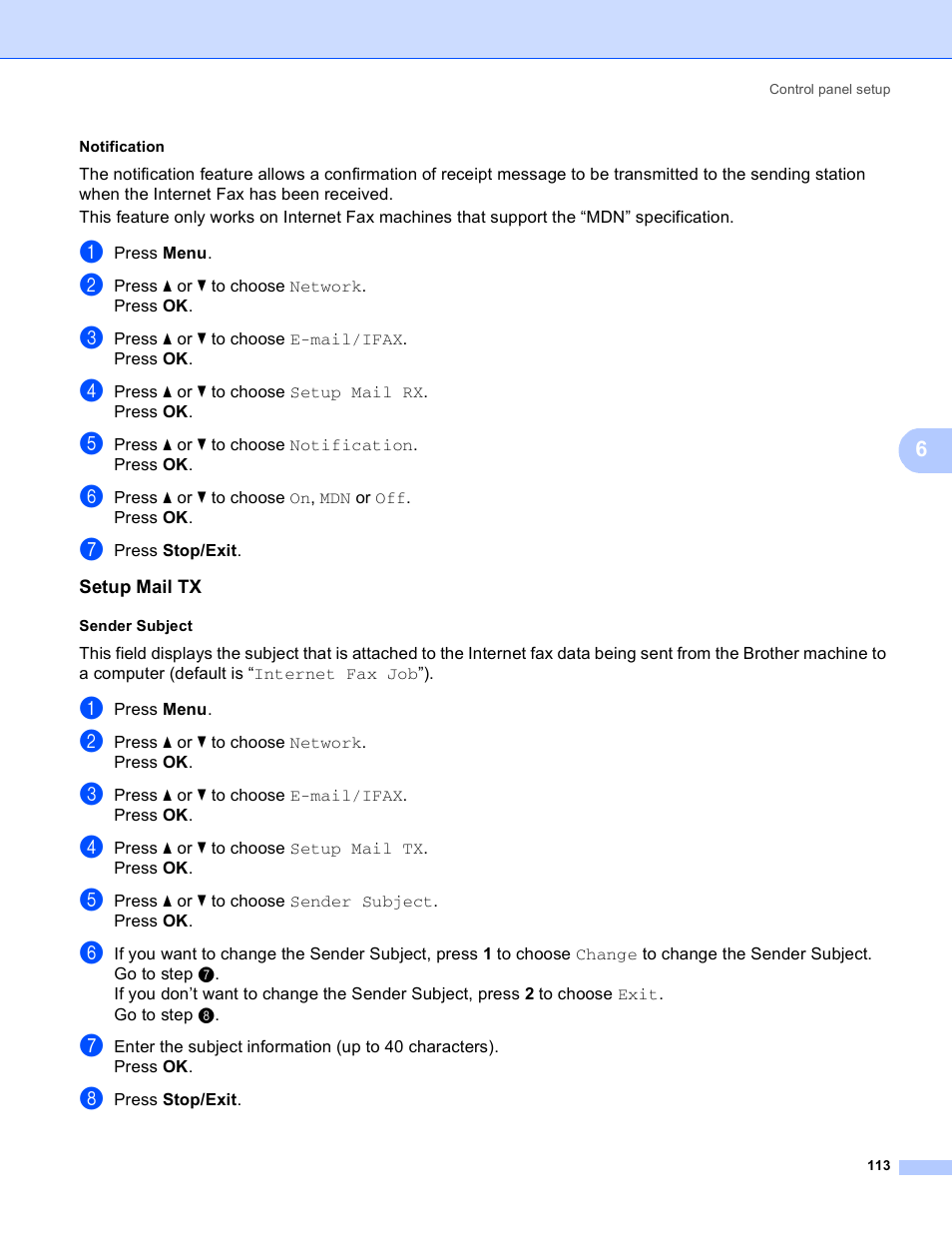 Notification, Setup mail tx, Sender subject | Brother MFC 8480DN User Manual | Page 124 / 249