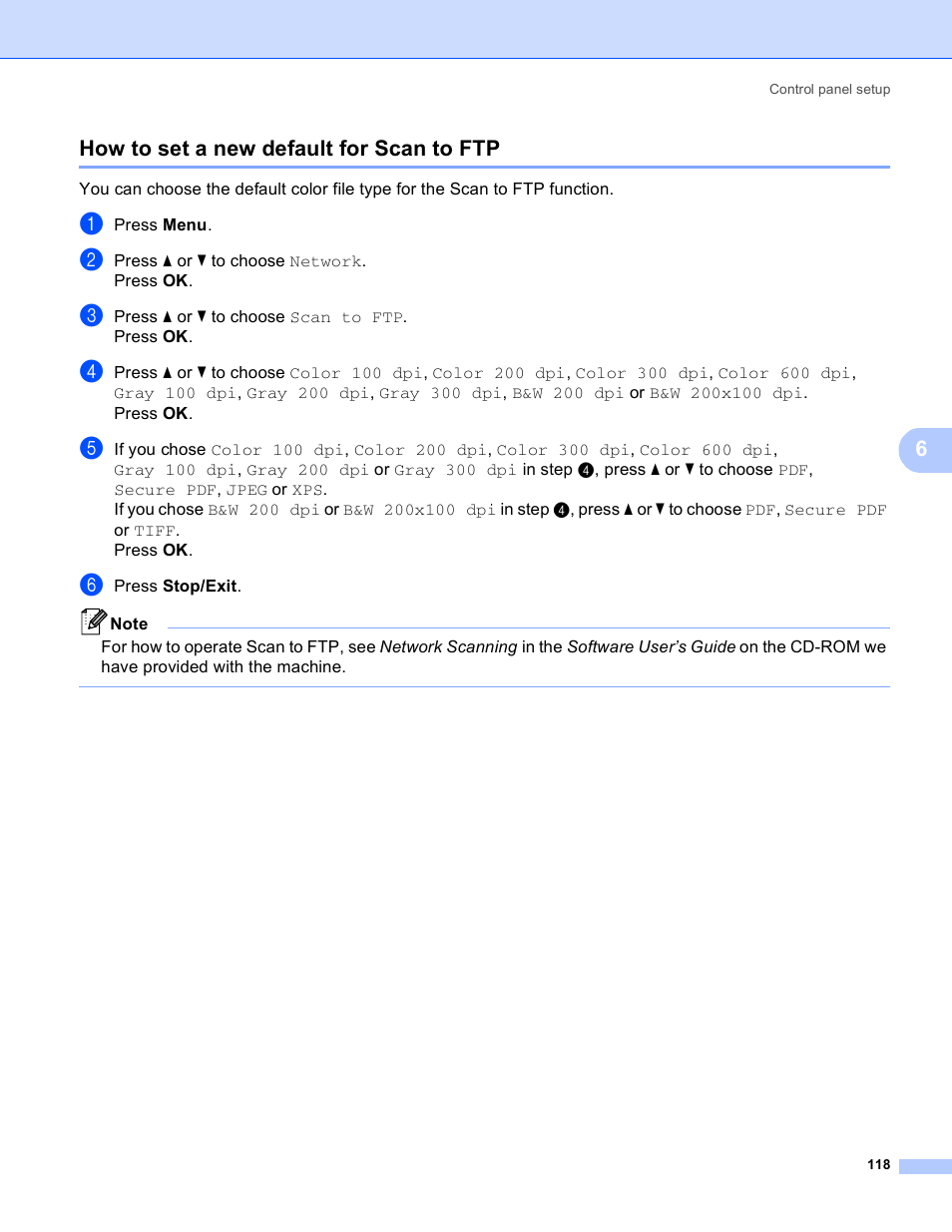 How to set a new default for scan to ftp, 6how to set a new default for scan to ftp | Brother MFC 8480DN User Manual | Page 129 / 249