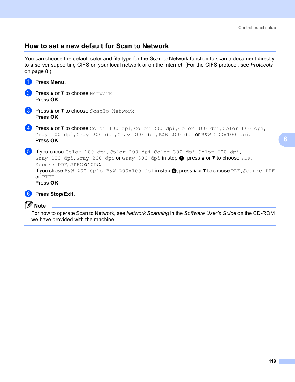 How to set a new default for scan to network, 6how to set a new default for scan to network | Brother MFC 8480DN User Manual | Page 130 / 249