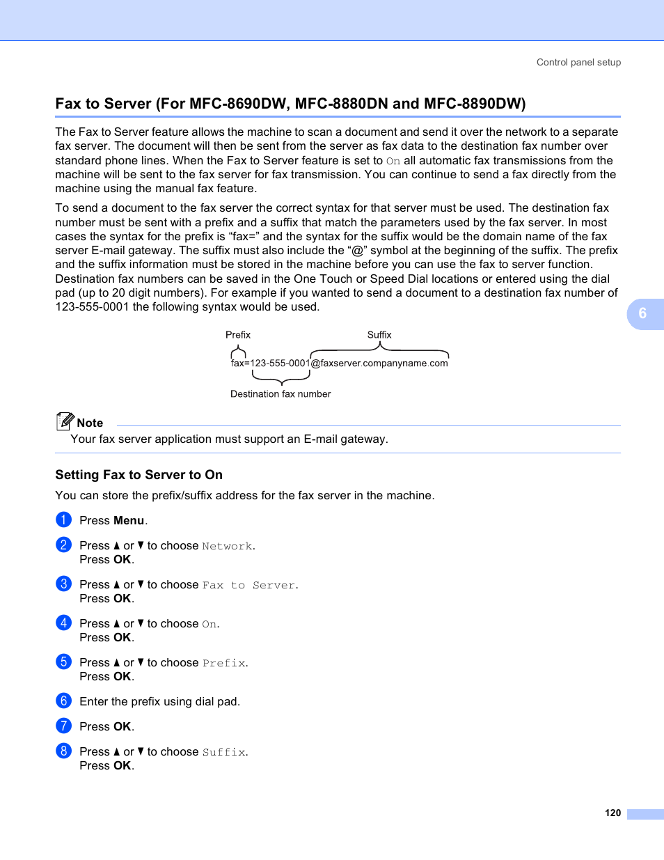 Setting fax to server to on | Brother MFC 8480DN User Manual | Page 131 / 249