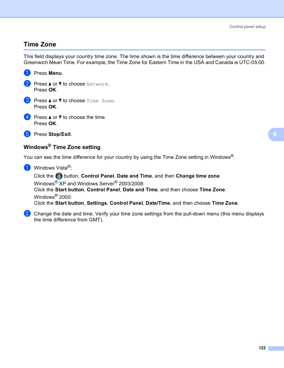 Time zone, Windows® time zone setting, 6time zone | Brother MFC 8480DN User Manual | Page 133 / 249