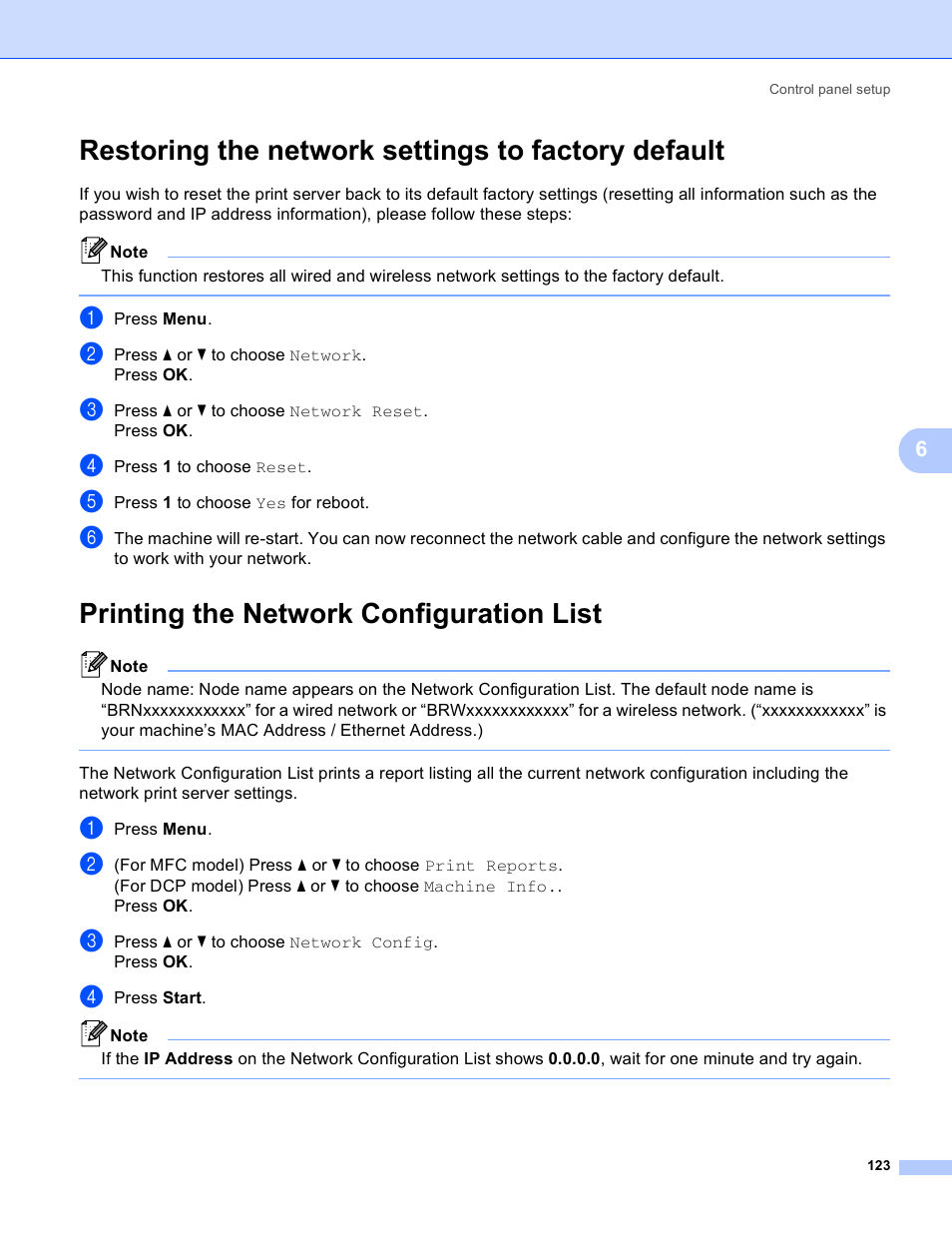 Restoring the network settings to factory default, Printing the network configuration list | Brother MFC 8480DN User Manual | Page 134 / 249