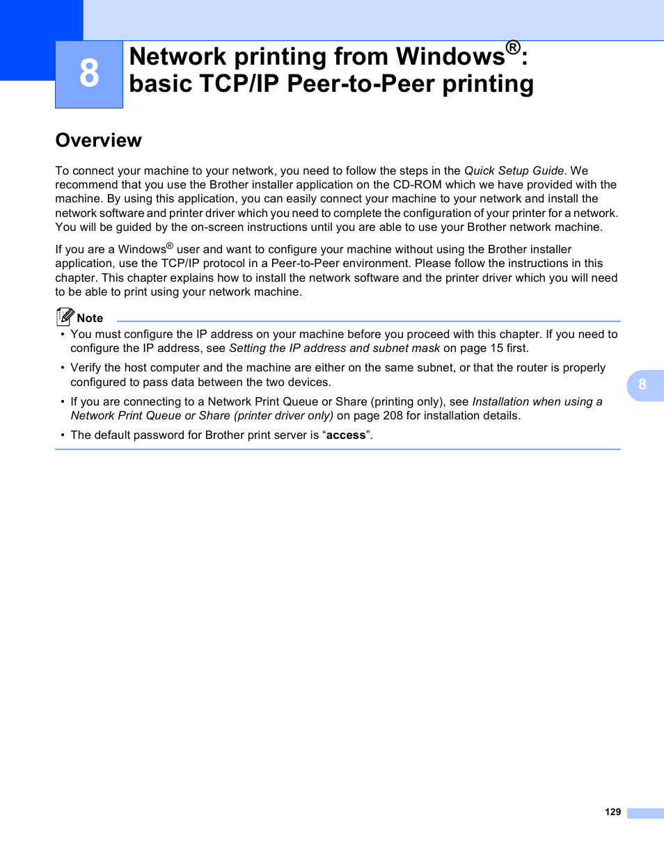 Overview, Network printing from windows, Basic tcp/ip peer-to-peer printing | Brother MFC 8480DN User Manual | Page 140 / 249