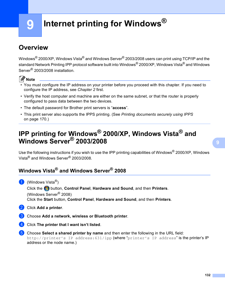 9 internet printing for windows, Overview, Windows vista® and windows server® 2008 | Internet printing for windows, Overview ipp printing for windows, 2000/xp, windows vista, And windows server, Windows vista, Ipp printing for windows | Brother MFC 8480DN User Manual | Page 143 / 249