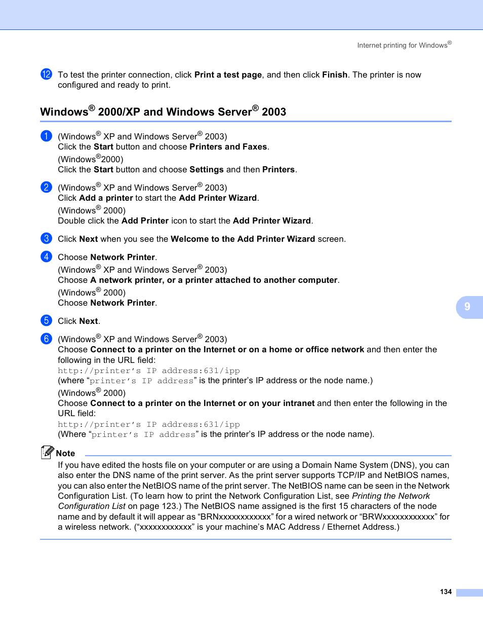 Windows® 2000/xp and windows server® 2003, Windows, 2000/xp and windows server | Brother MFC 8480DN User Manual | Page 145 / 249