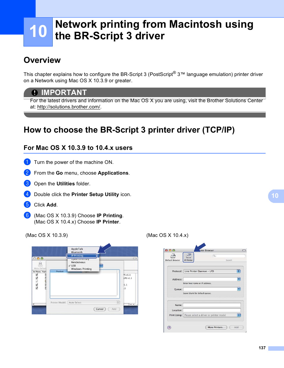 Overview, For mac os x 10.3.9 to 10.4.x users, Network printing from macintosh | Important | Brother MFC 8480DN User Manual | Page 148 / 249