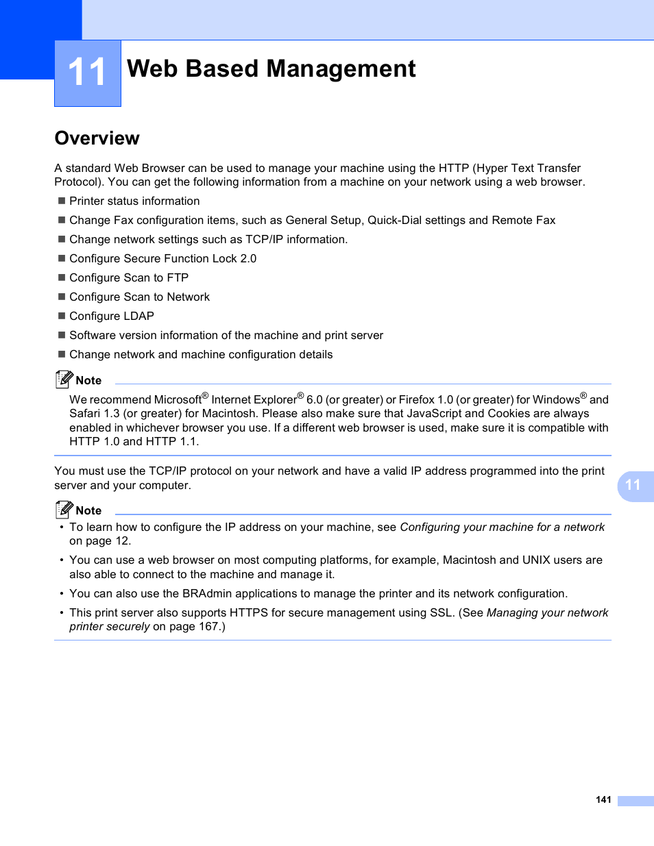 11 web based management, Overview, Web based management | Brother MFC 8480DN User Manual | Page 152 / 249