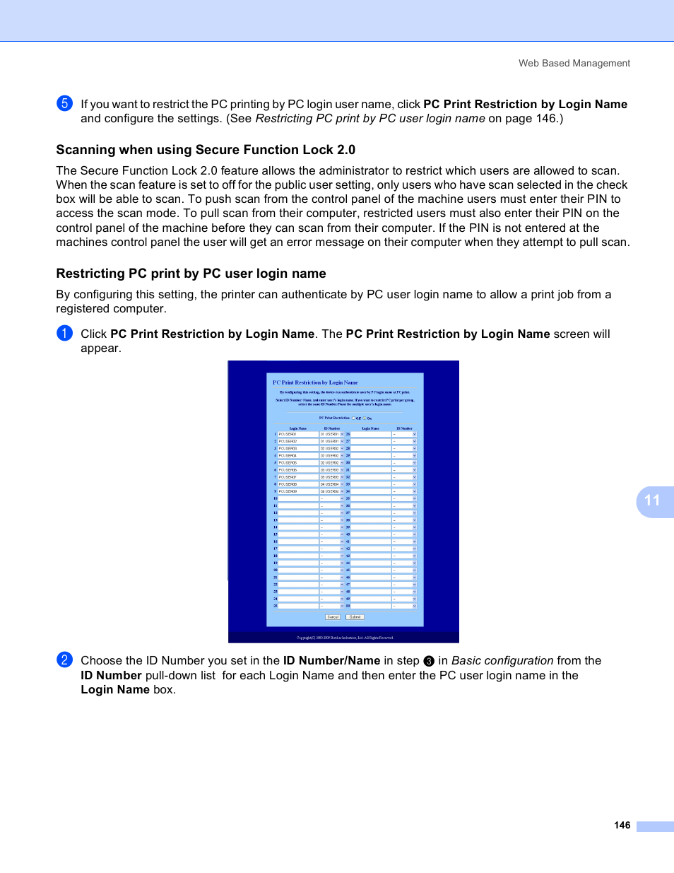 Scanning when using secure function lock 2.0, Restricting pc print by pc user login name | Brother MFC 8480DN User Manual | Page 157 / 249