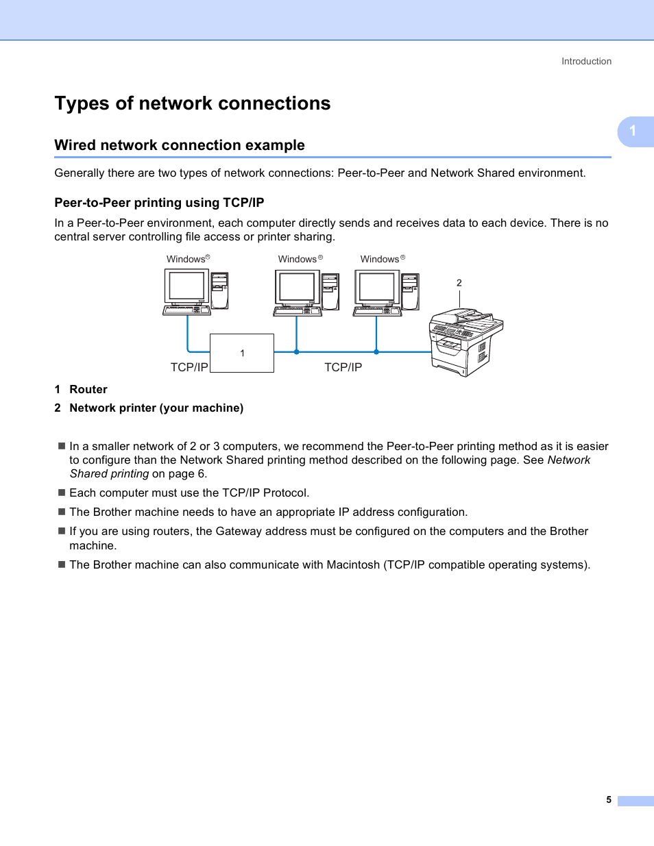 Types of network connections, Wired network connection example, Peer-to-peer printing using tcp/ip | Brother MFC 8480DN User Manual | Page 16 / 249