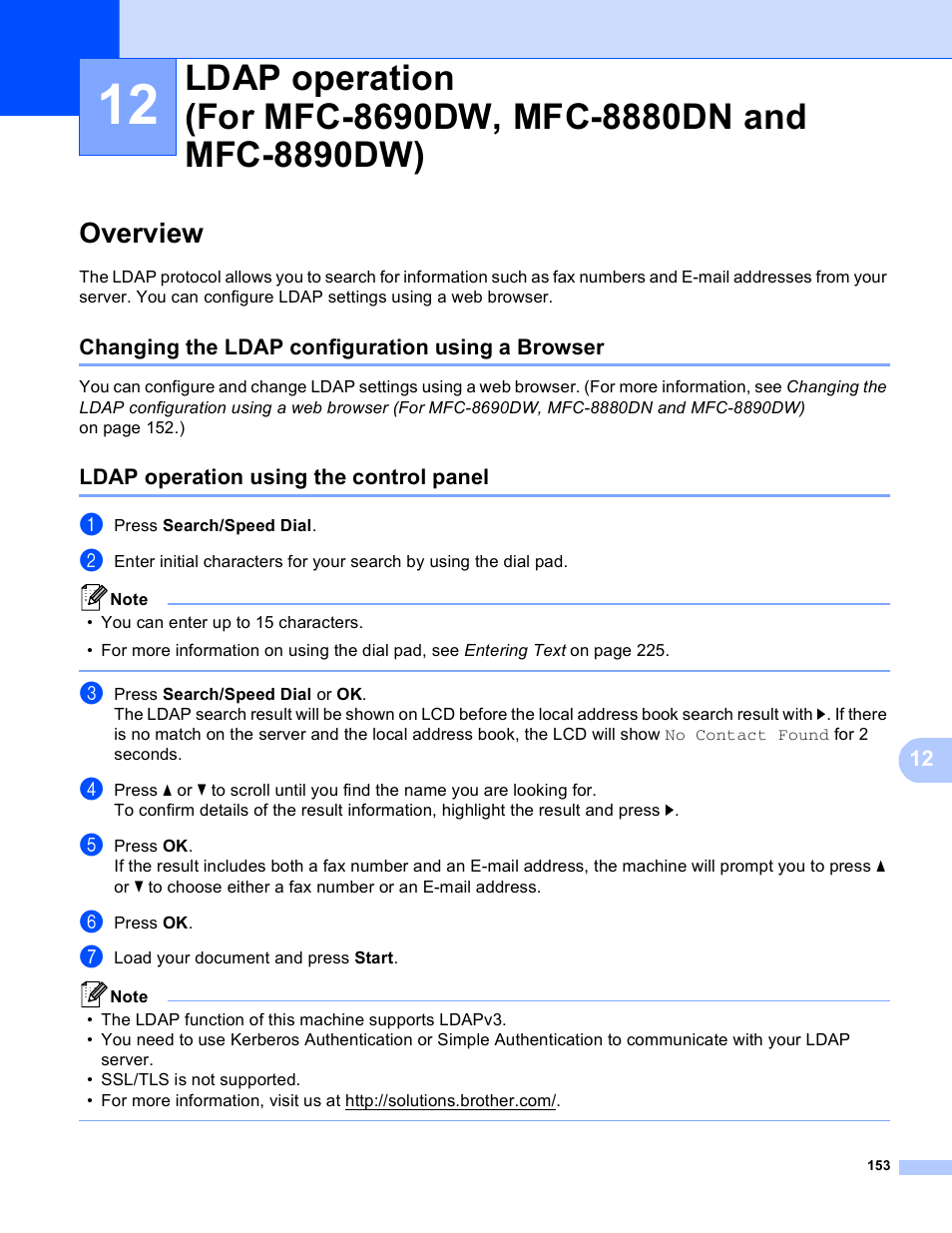 Overview, Changing the ldap configuration using a browser, Ldap operation using the control panel | Brother MFC 8480DN User Manual | Page 164 / 249