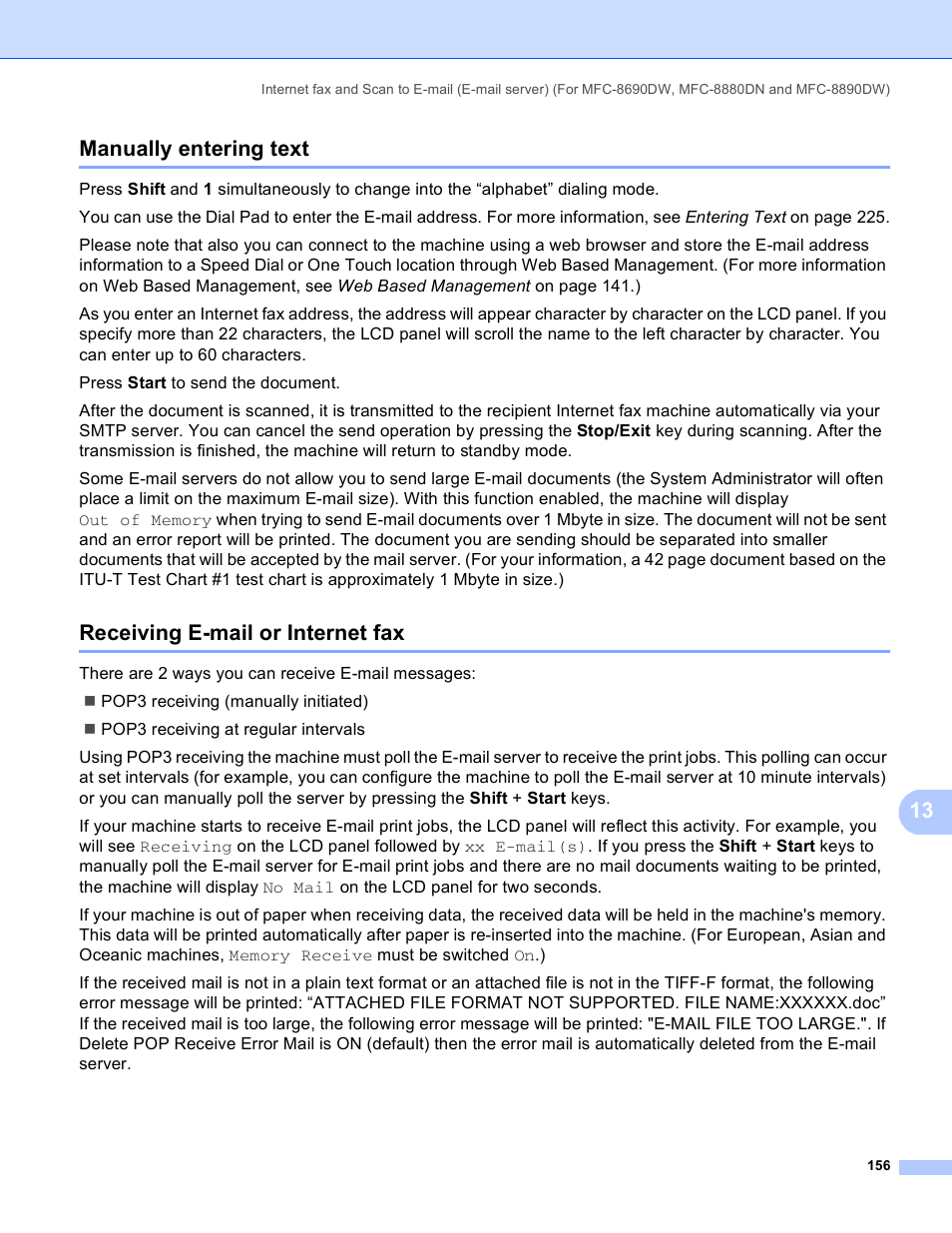 Manually entering text, Receiving e-mail or internet fax, 13 manually entering text | Brother MFC 8480DN User Manual | Page 167 / 249