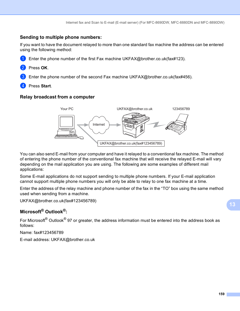 Sending to multiple phone numbers, Relay broadcast from a computer, Microsoft® outlook | Brother MFC 8480DN User Manual | Page 170 / 249