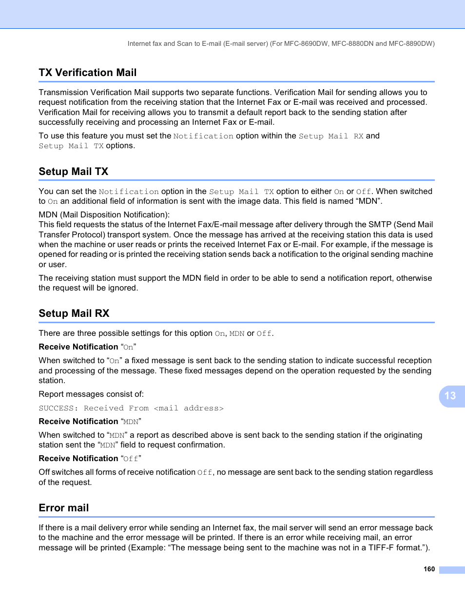 Tx verification mail, Setup mail tx, Setup mail rx | Error mail, 13 tx verification mail | Brother MFC 8480DN User Manual | Page 171 / 249