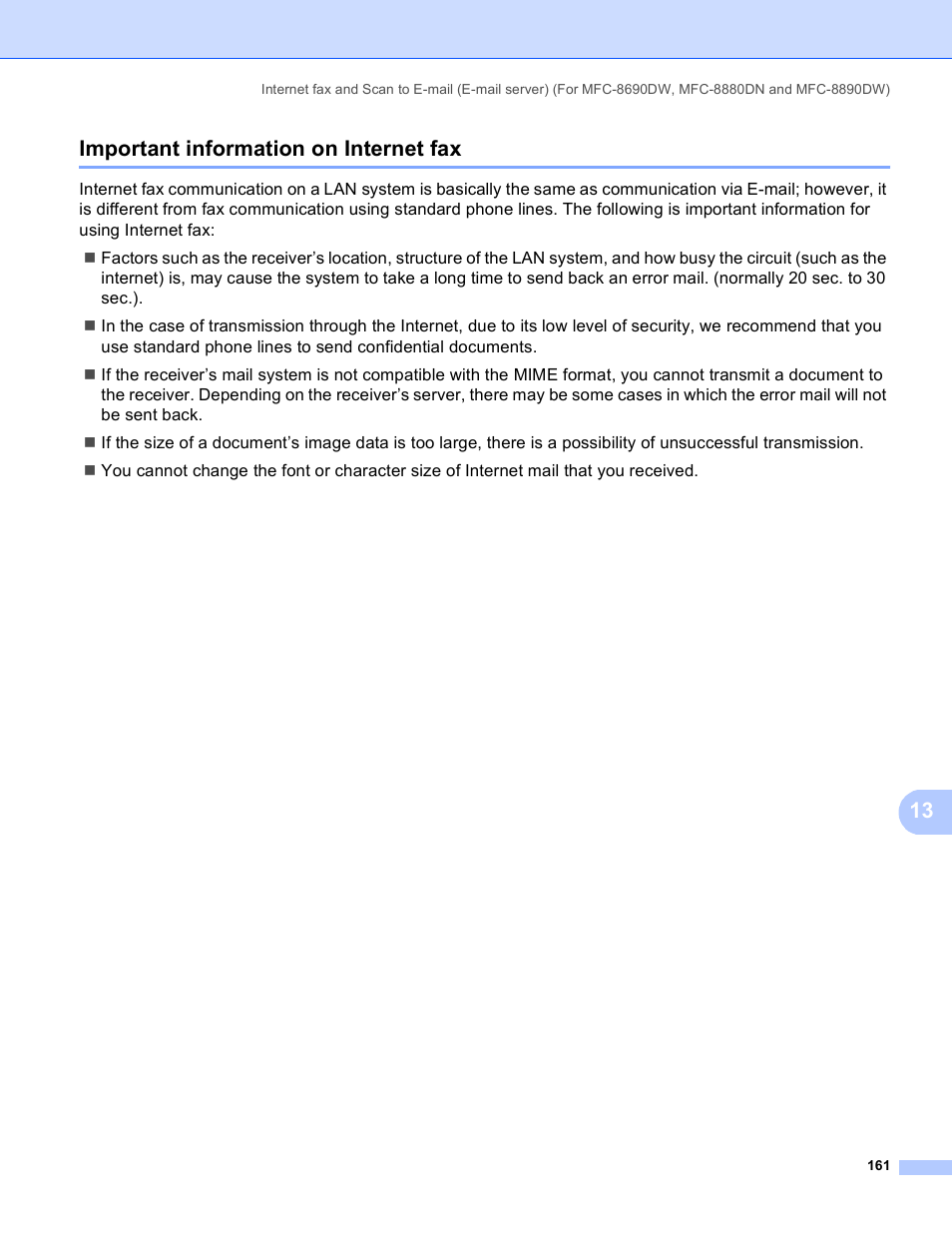 Important information on internet fax, 13 important information on internet fax | Brother MFC 8480DN User Manual | Page 172 / 249