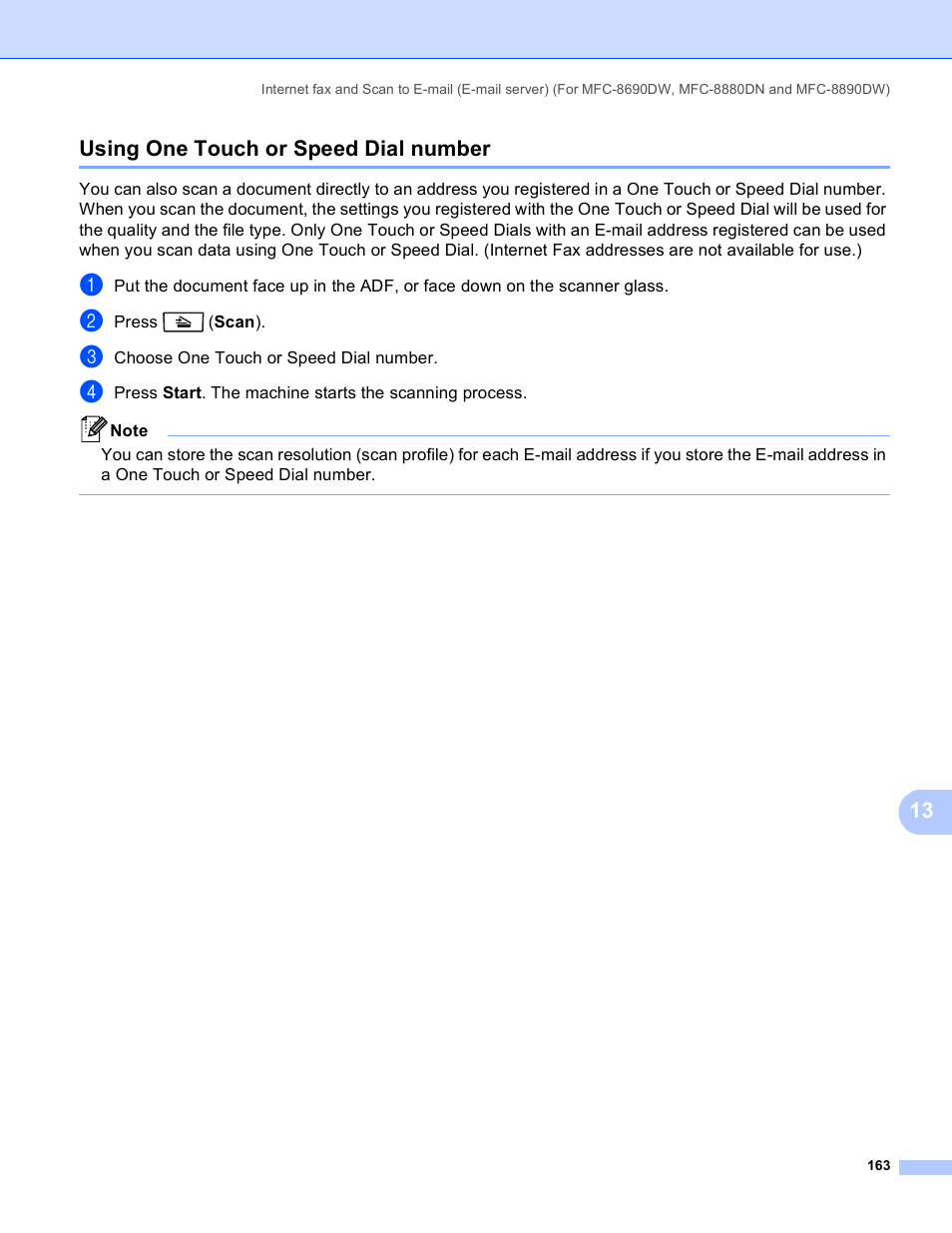 Using one touch or speed dial number, 13 using one touch or speed dial number | Brother MFC 8480DN User Manual | Page 174 / 249