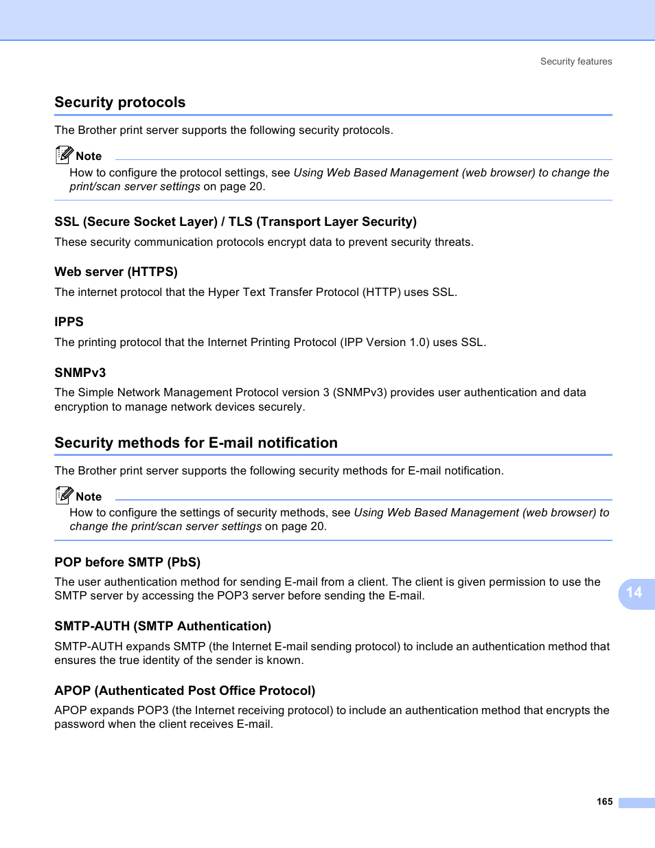 Security protocols, Web server (https), Ipps | Snmpv3, Security methods for e-mail notification, Pop before smtp (pbs), Smtp-auth (smtp authentication), Apop (authenticated post office protocol), 14 security protocols | Brother MFC 8480DN User Manual | Page 176 / 249