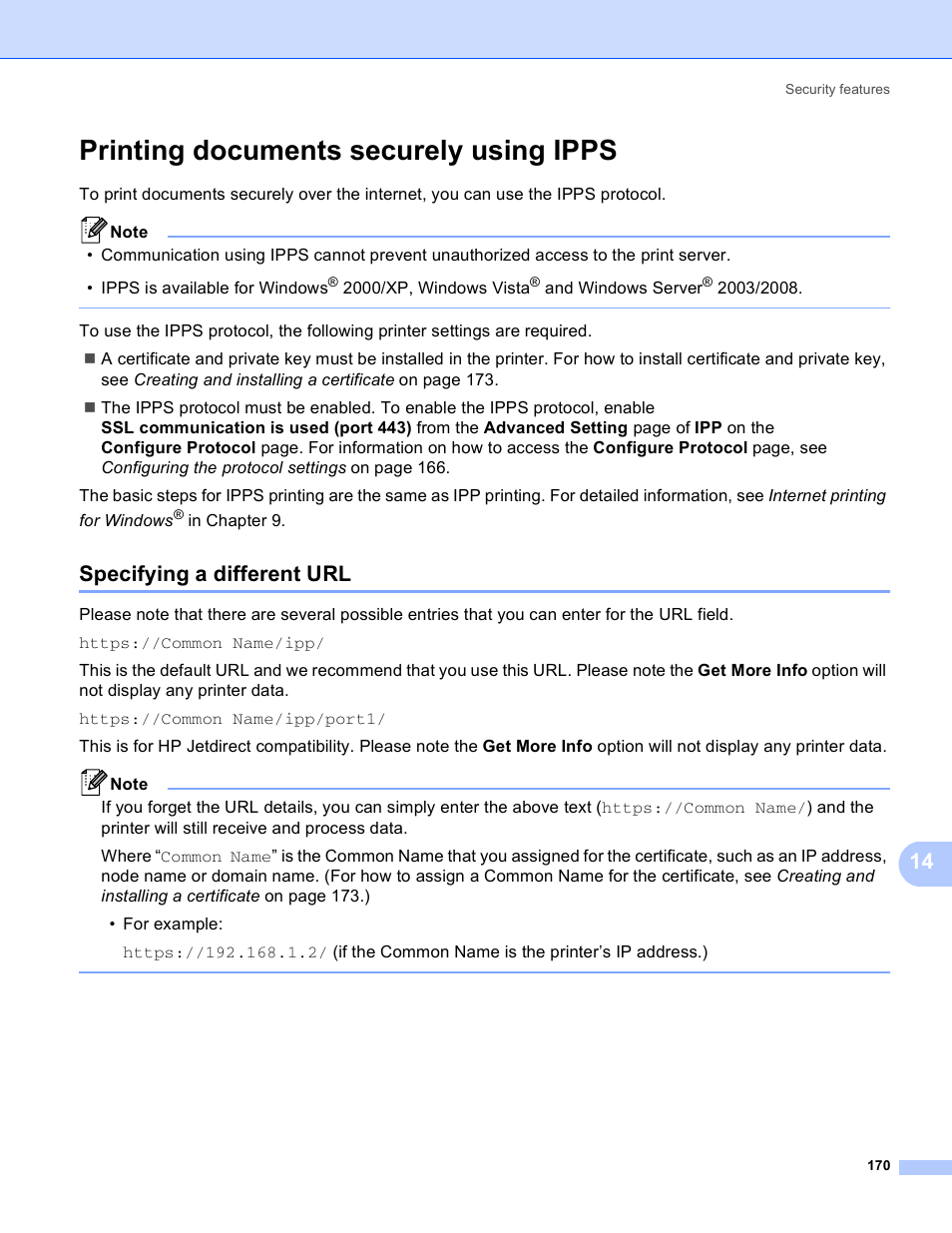 Printing documents securely using ipps, Specifying a different url | Brother MFC 8480DN User Manual | Page 181 / 249