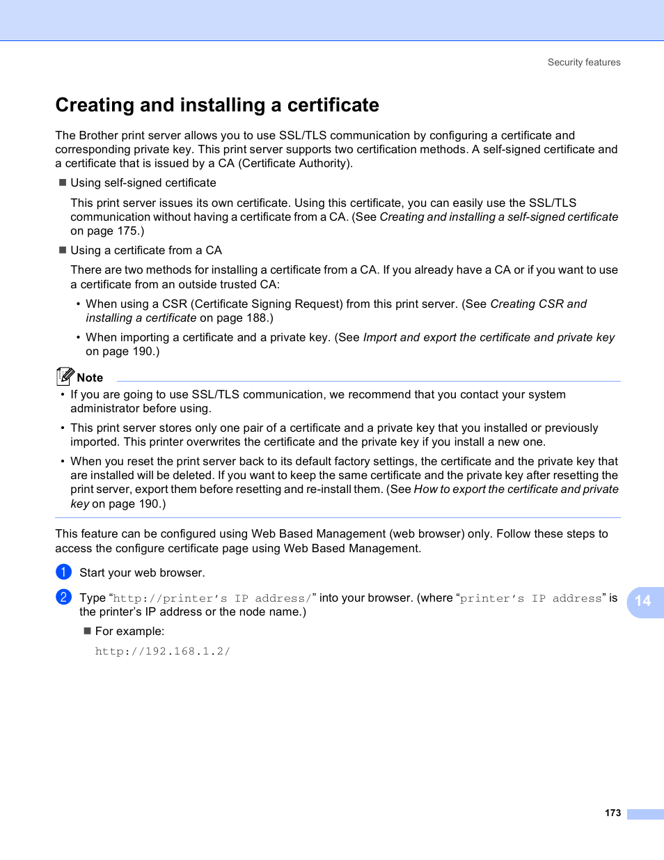 Creating and installing a certificate | Brother MFC 8480DN User Manual | Page 184 / 249