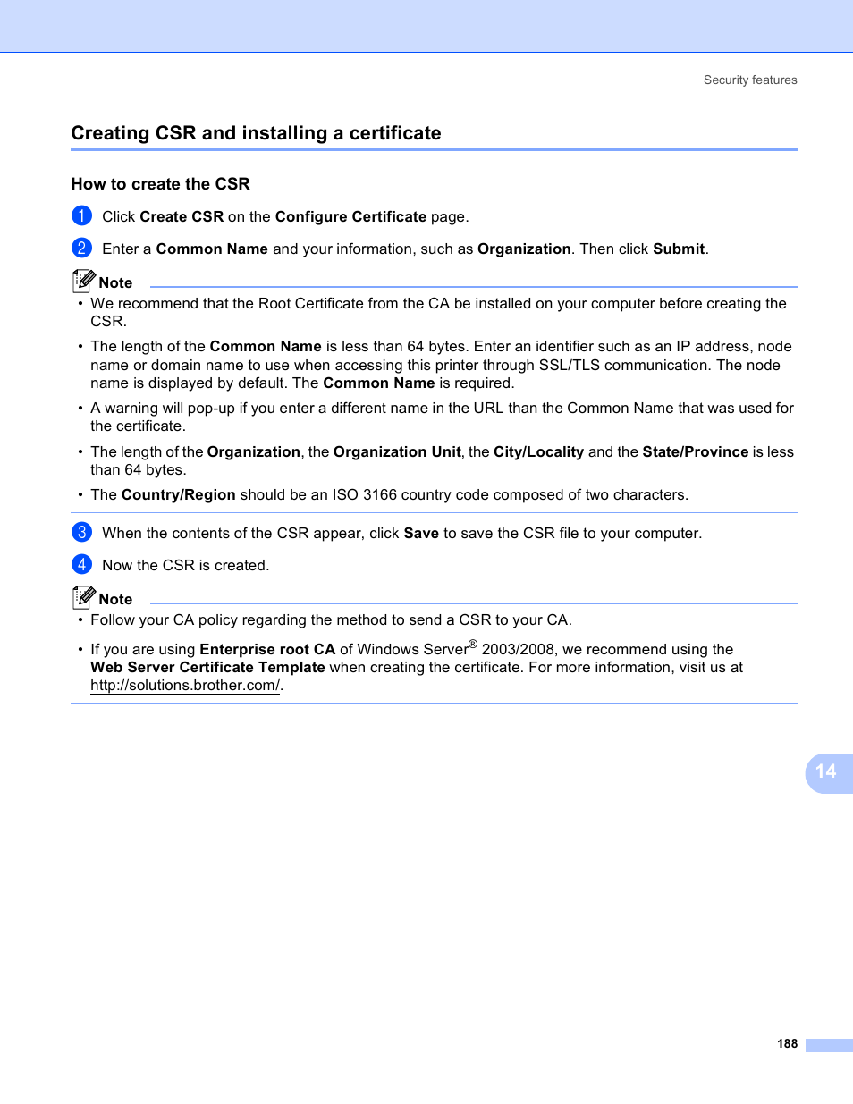 Creating csr and installing a certificate, How to create the csr, Creating csr and | 14 creating csr and installing a certificate | Brother MFC 8480DN User Manual | Page 199 / 249