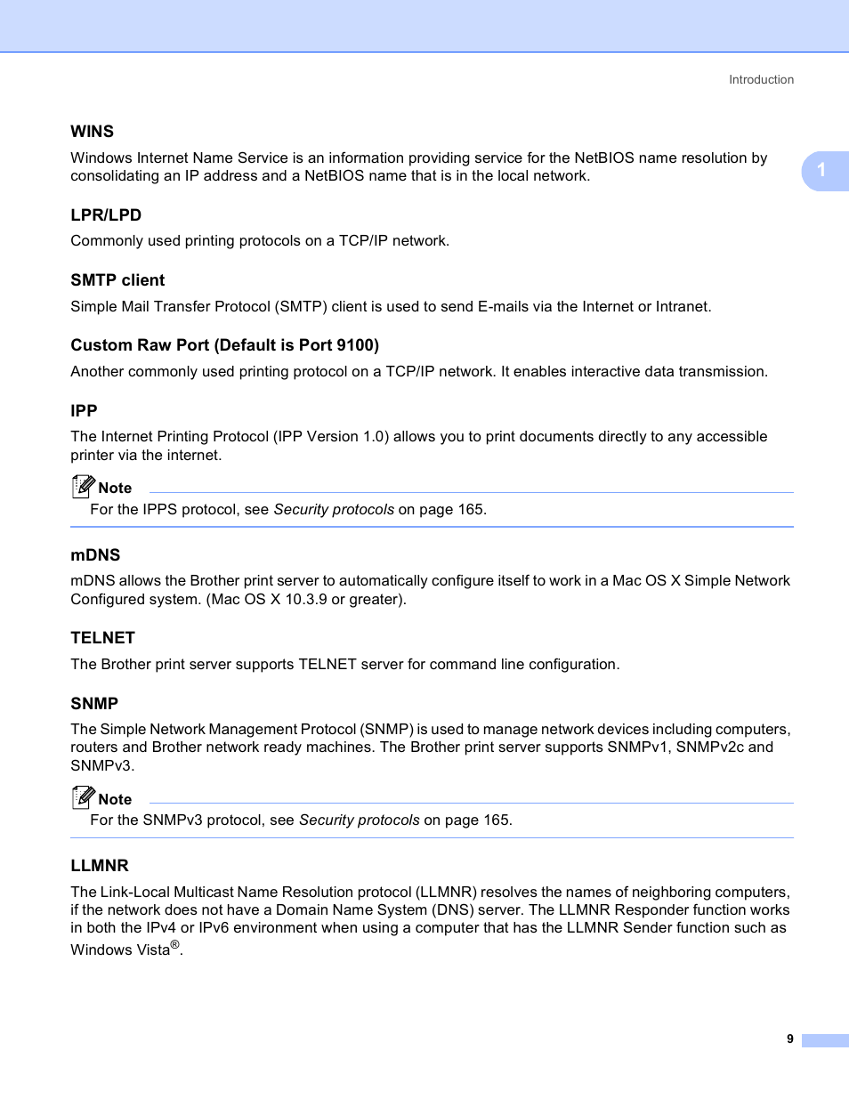 Wins, Lpr/lpd, Smtp client | Custom raw port (default is port 9100), Mdns, Telnet, Snmp, Llmnr | Brother MFC 8480DN User Manual | Page 20 / 249