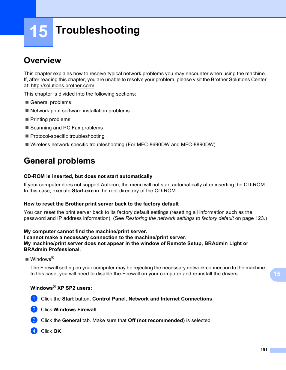 15 troubleshooting, Overview, General problems | Troubleshooting, Overview general problems | Brother MFC 8480DN User Manual | Page 202 / 249