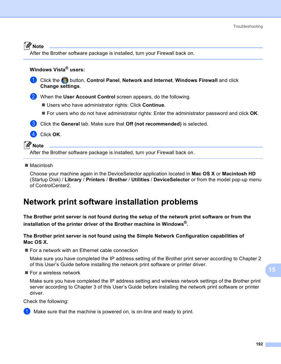 Network print software installation problems | Brother MFC 8480DN User Manual | Page 203 / 249