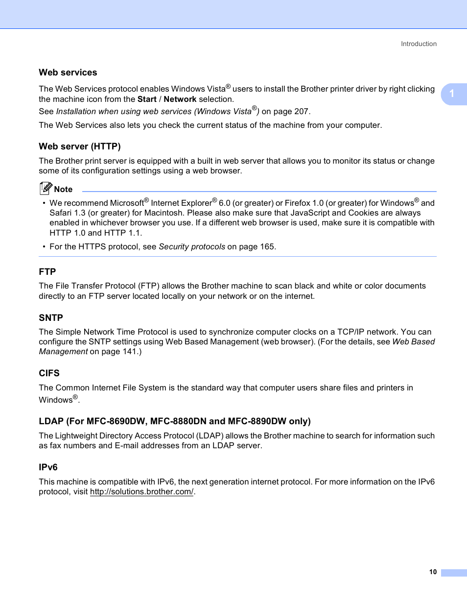 Web services, Web server (http), Sntp | Cifs, Ipv6 | Brother MFC 8480DN User Manual | Page 21 / 249