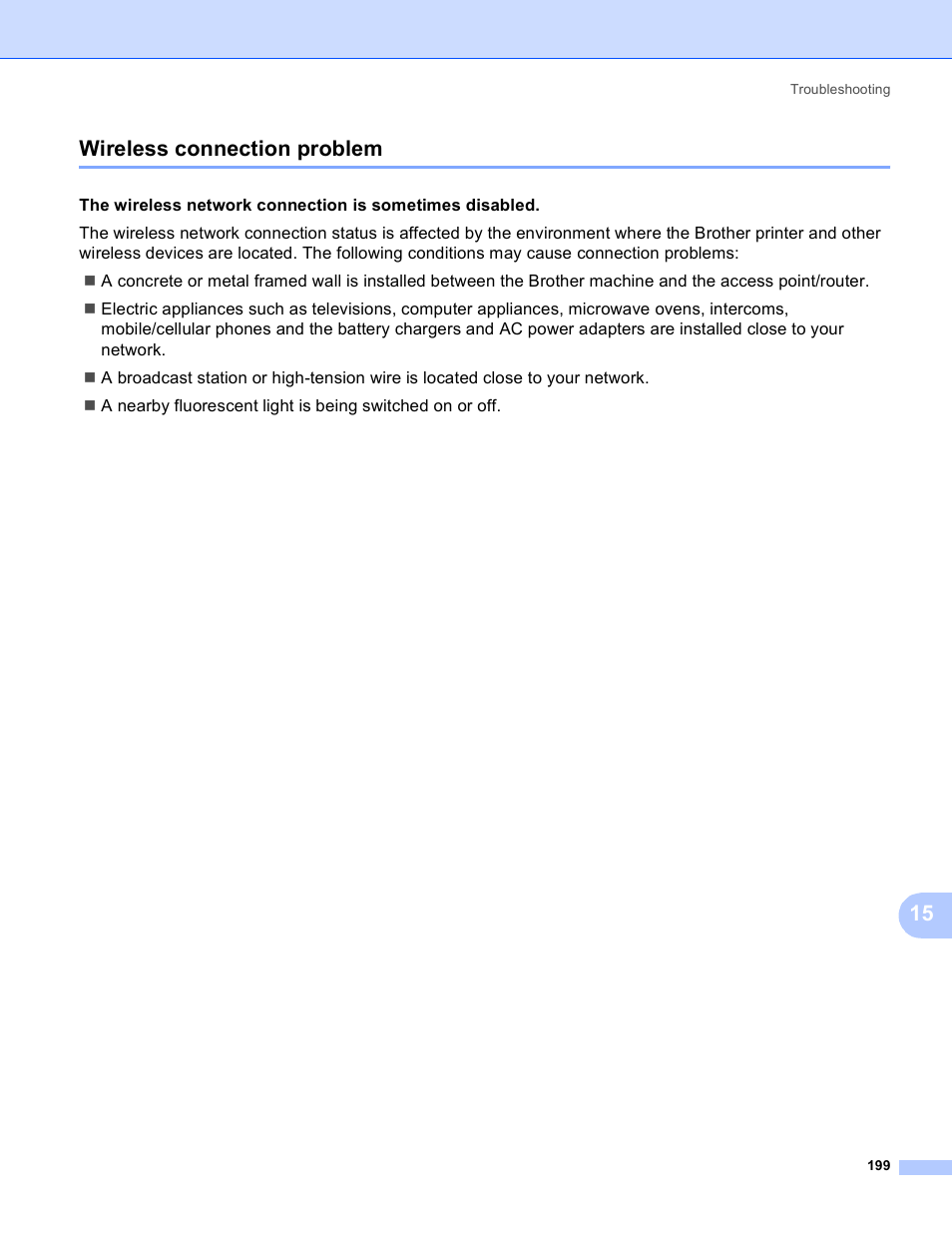 Wireless connection problem, 15 wireless connection problem | Brother MFC 8480DN User Manual | Page 210 / 249