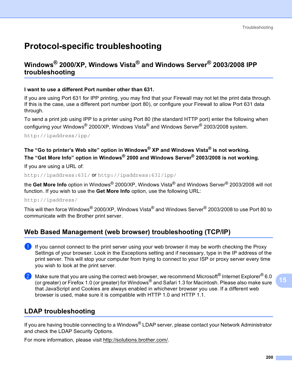 Protocol-specific troubleshooting, Ldap troubleshooting, Windows | 2000/xp, windows vista, And windows server, 2003/2008 ipp troubleshooting, Windows server | Brother MFC 8480DN User Manual | Page 211 / 249