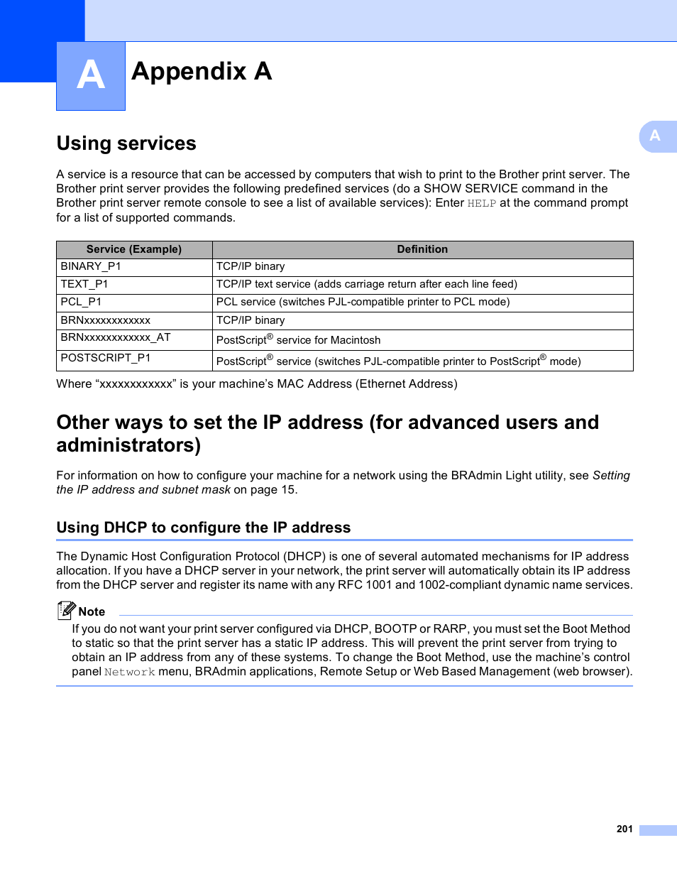 Appendix a, Using services, Using dhcp to configure the ip address | Brother MFC 8480DN User Manual | Page 212 / 249