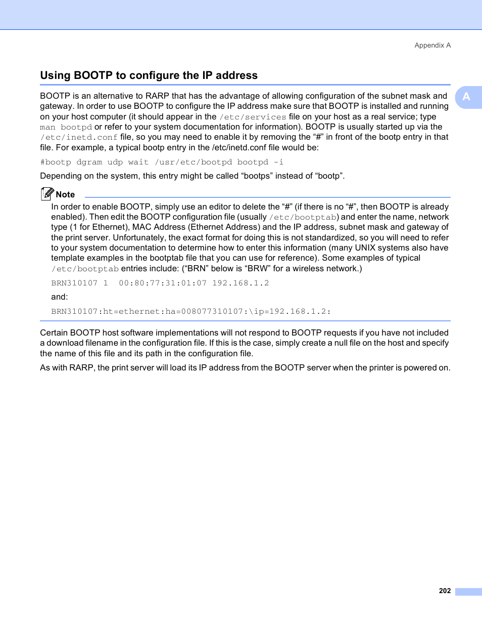 Using bootp to configure the ip address, Ausing bootp to configure the ip address | Brother MFC 8480DN User Manual | Page 213 / 249