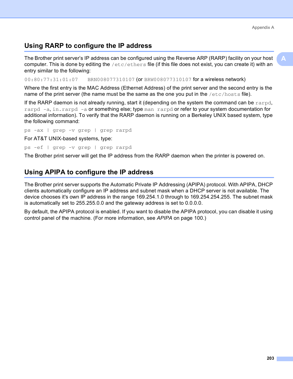 Using rarp to configure the ip address, Using apipa to configure the ip address, Ausing rarp to configure the ip address | Brother MFC 8480DN User Manual | Page 214 / 249