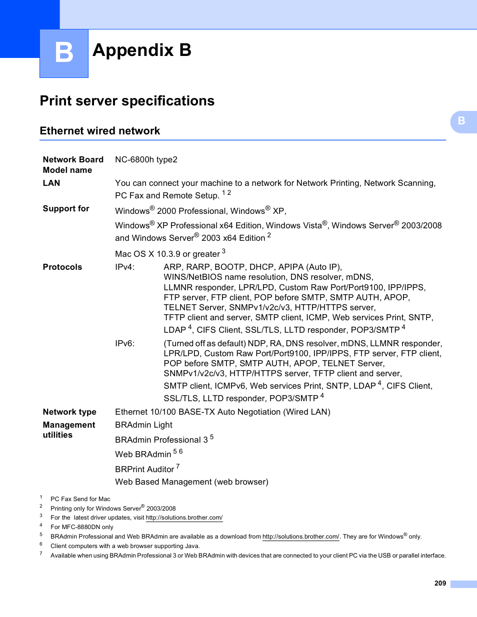 Appendix b, Print server specifications, Ethernet wired network | Brother MFC 8480DN User Manual | Page 220 / 249