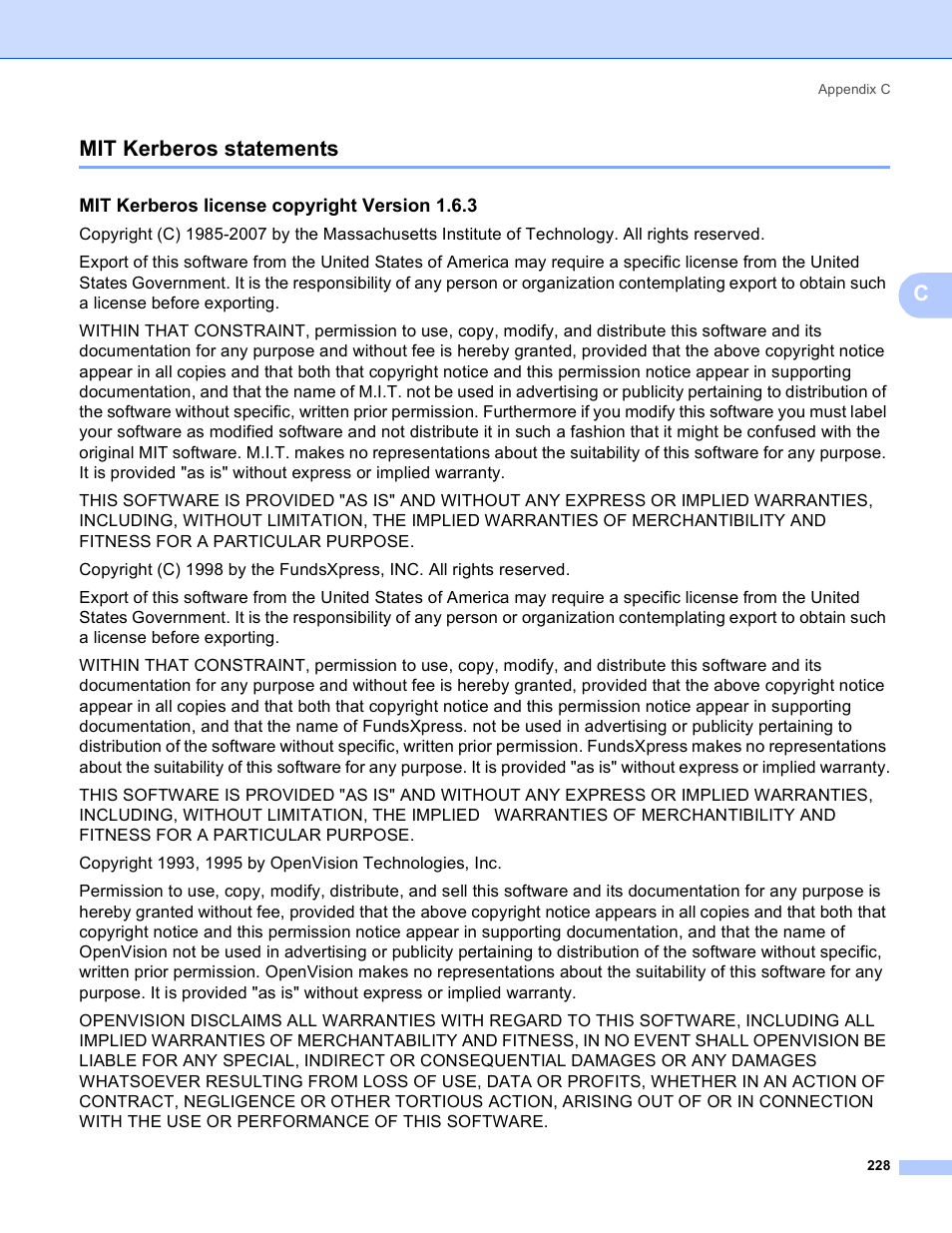 Mit kerberos statements, Mit kerberos license copyright version 1.6.3, Cmit kerberos statements | Brother MFC 8480DN User Manual | Page 239 / 249