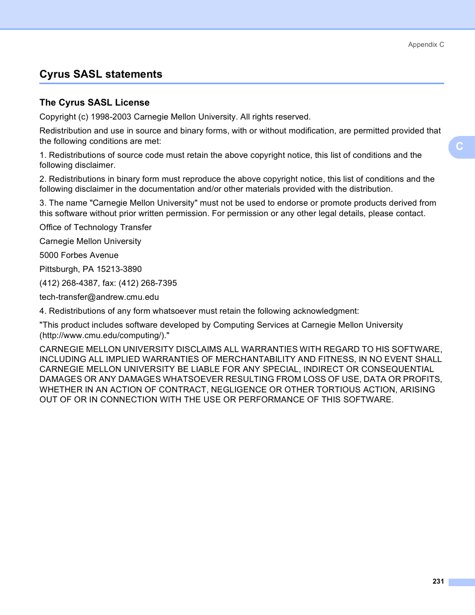 Cyrus sasl statements, The cyrus sasl license, Ccyrus sasl statements | Brother MFC 8480DN User Manual | Page 242 / 249