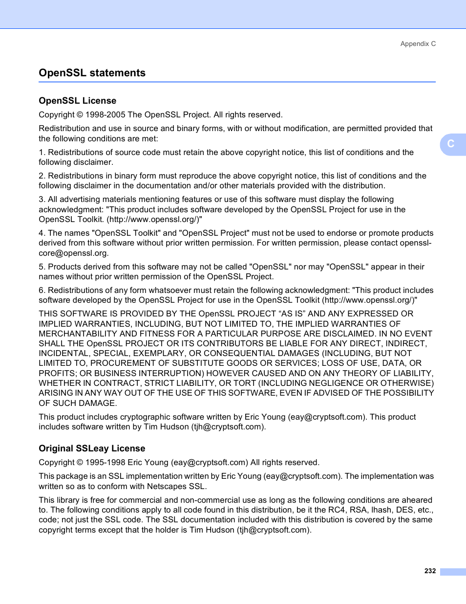 Openssl statements, Openssl license, Original ssleay license | Copenssl statements | Brother MFC 8480DN User Manual | Page 243 / 249